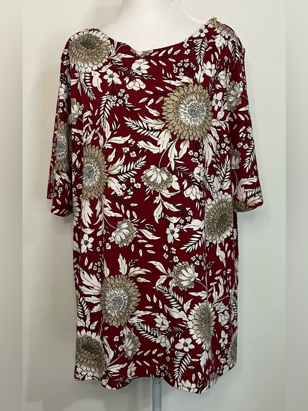 Karen Scott Top Plus 3X Red White Floral Knit Short Sleeve Stretch